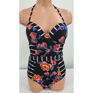 Modcloth Harper Multicolor Floral & Stripes Halter One Piece Swimsuit Sz Medium